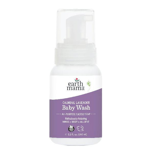 bottle of calming lavender baby wash by earth mama organics. white bottle with purple label.